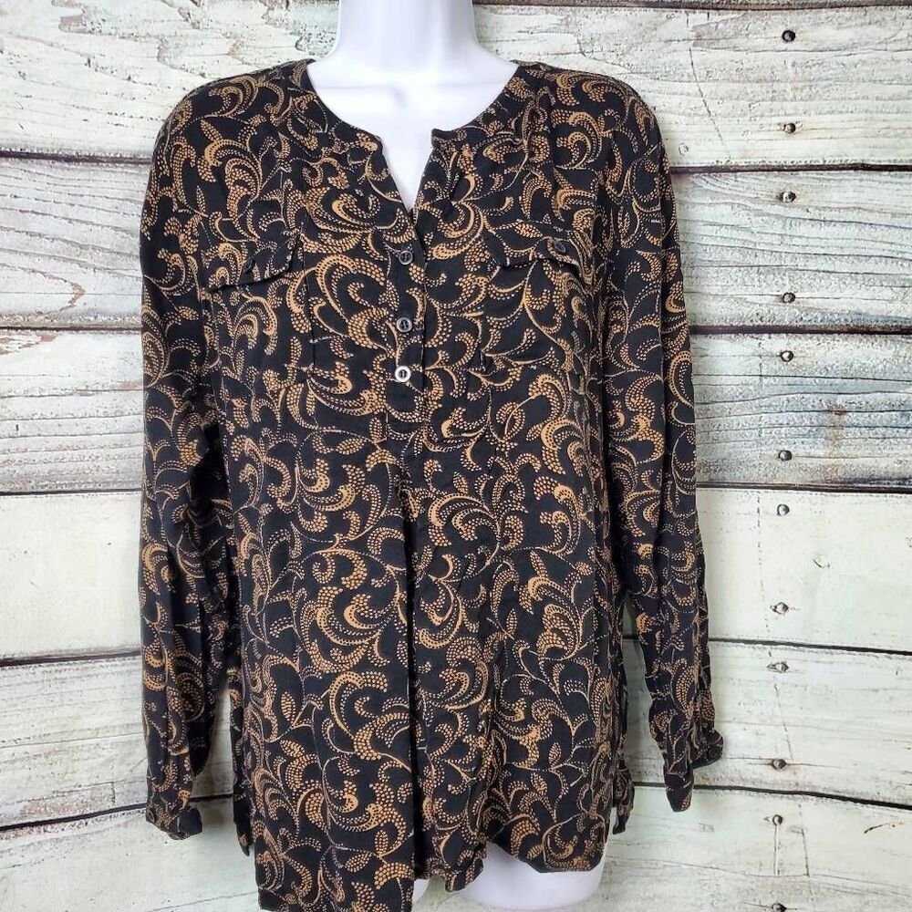 Christopher & Banks Women’s Black Tan Print Button Blouse Long Sleeve XL